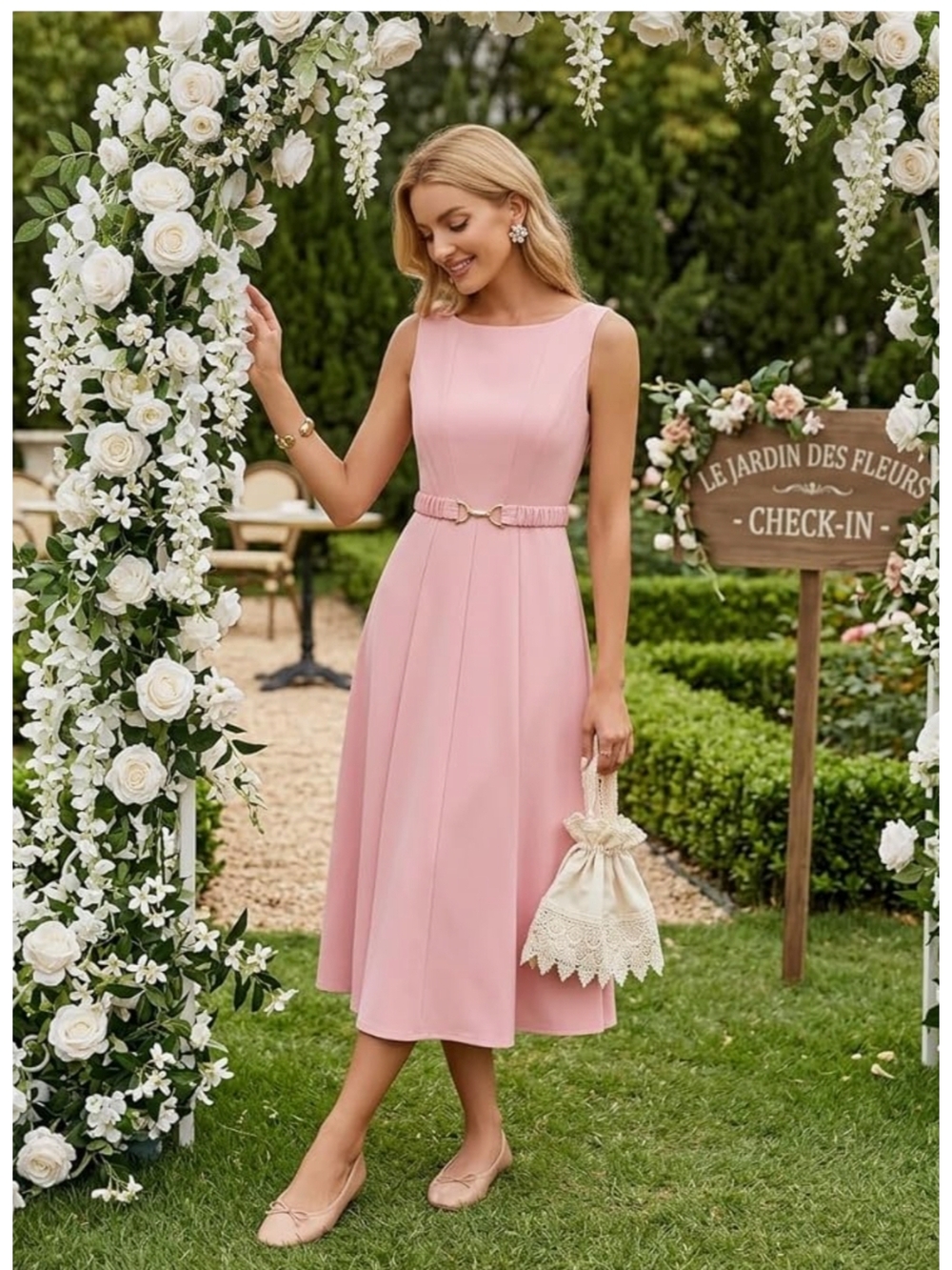ZESICA - XL Elegant Sleeveless Pink Midi Dress with Belt - Picture 2 of 16